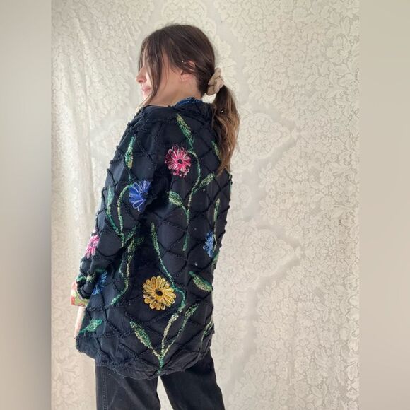 Vintage 90s Roaman’s 100% Cotton Black Floral Embroidered Button Front Jacket - Picture 11 of 12